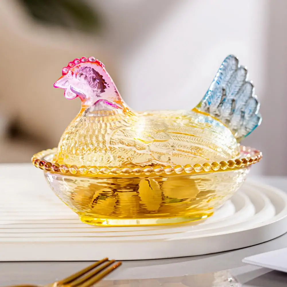 Chicken Design Sugar Bowl Glass Hen on Nest Candy Dish with Lid Pedestal Snack Bowl for Cookies Vintage Rustic Candy Jar