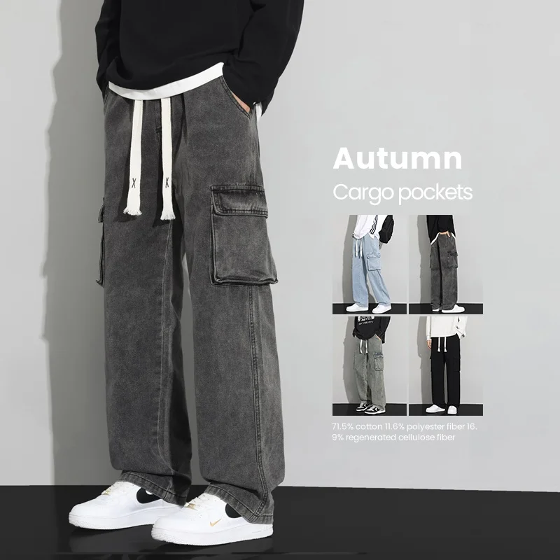 Jeans cargo larghi da uomo autunno nuova tasca vintage casual dritto moda coreana pantaloni in denim con coulisse streetwear maschile