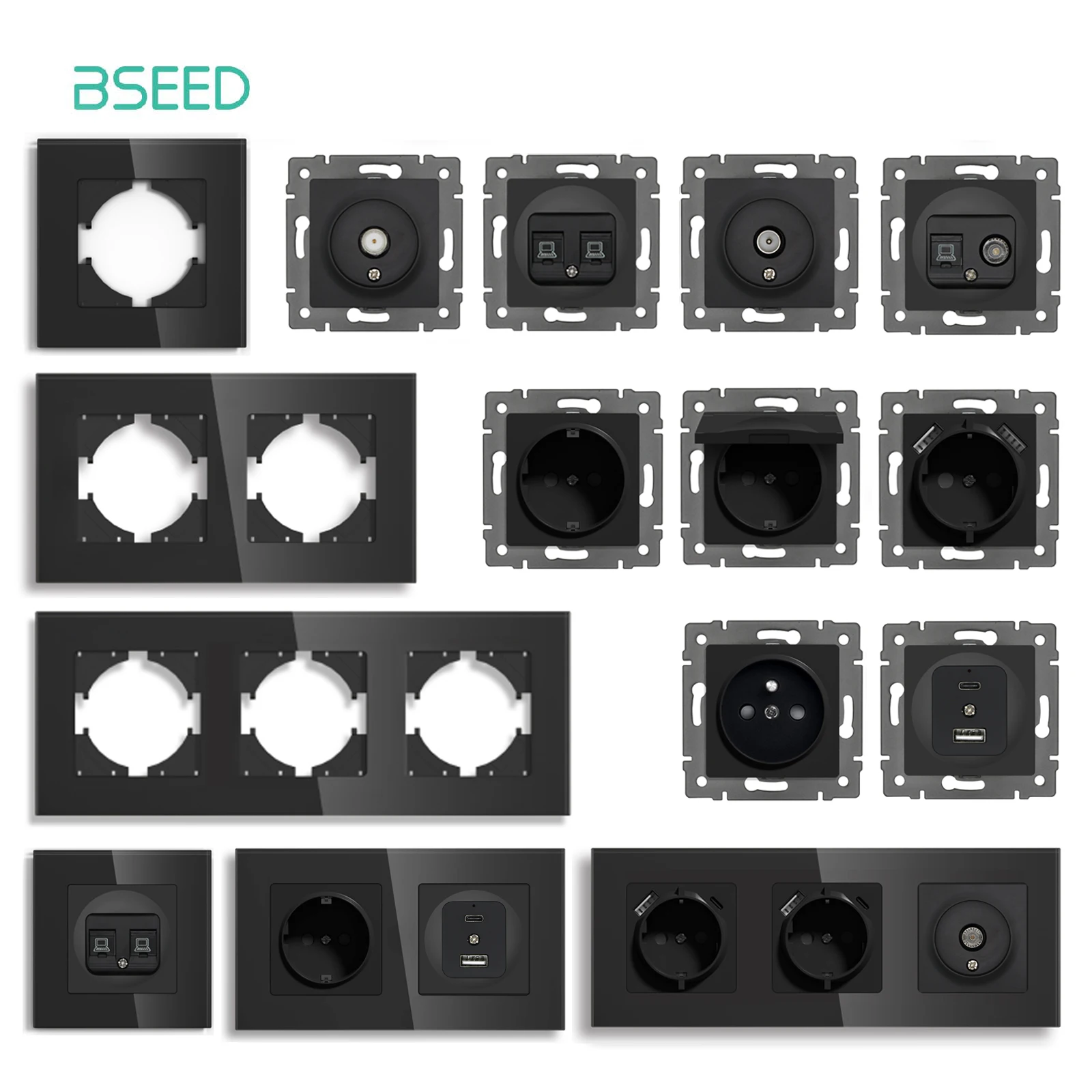 BSEED Wall USB Type-C Socket Module Internet TV Socket Telephone Function Part Glass Panel Only Black Color DIY Free Combination