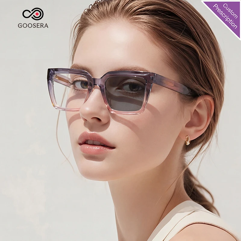 

Personalized Large Frame Square Design Women's Anti-Blue Light Myopia Glasses Photochromic Customizable Prescription