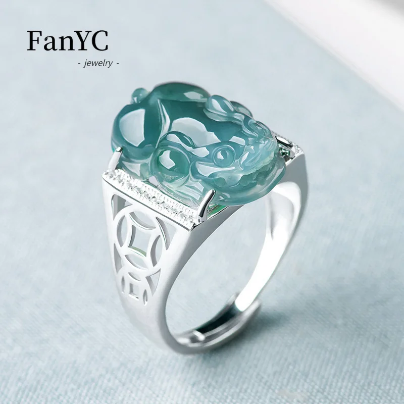 

Natural Jade Blue Water PiXiu Ring S925 Silver Inlaid Hand-carved Fashion Charm Ice Jade Adjustable Finger Ring Men & Women Gift