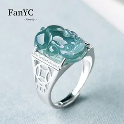 Natural Jade Blue Water PiXiu Ring S925 Silver Inlaid Hand-carved Fashion Charm Ice Jade Adjustable Finger Ring Men & Women Gift