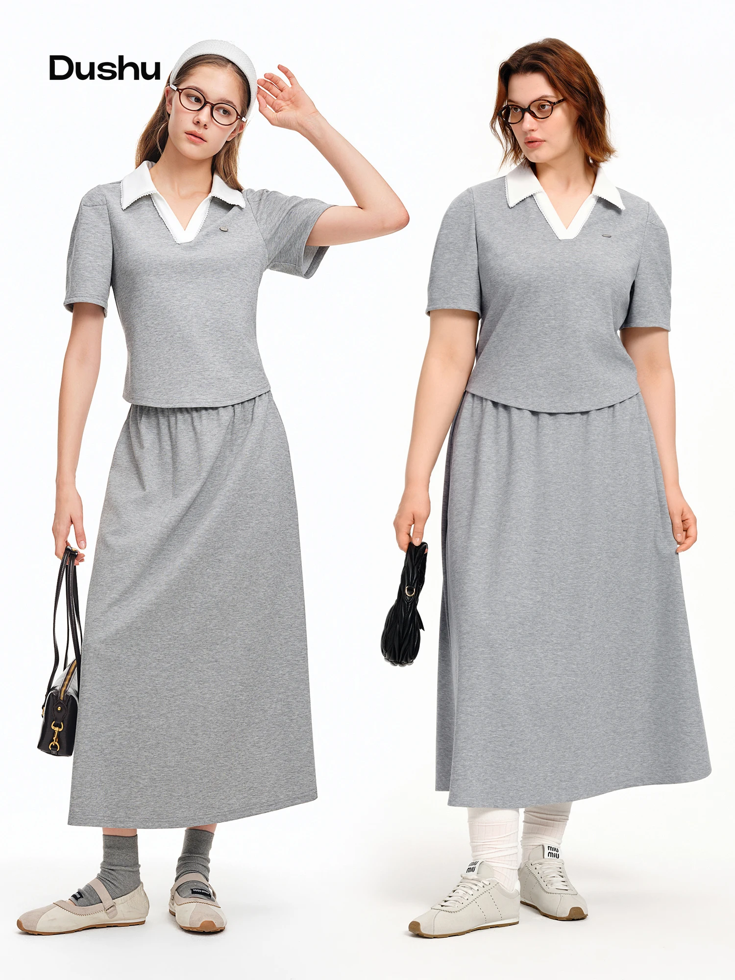 

DUSHU Simple Short-sleeved Top and Skirt Two-piece Sets Women Casual Stylish New Arrival for Summer 2026 Cozy Daily
