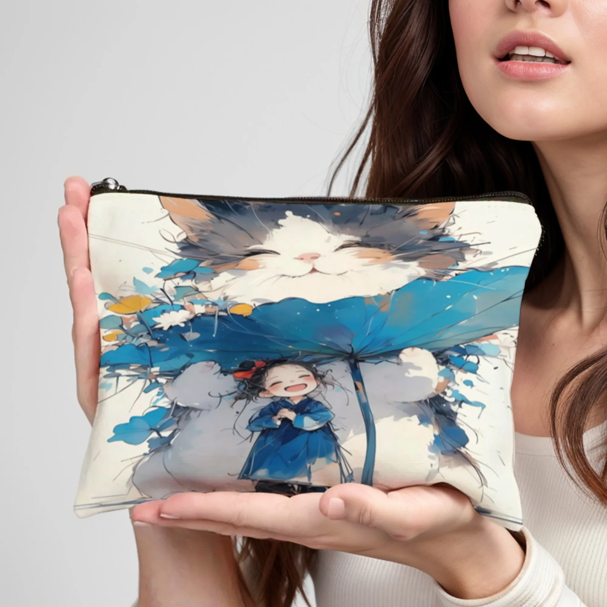 

Giant Cat Girl Stylish Zippered Makeup Bag lightweight portable cosmetic case with closure ideal for women Birthday Gifts