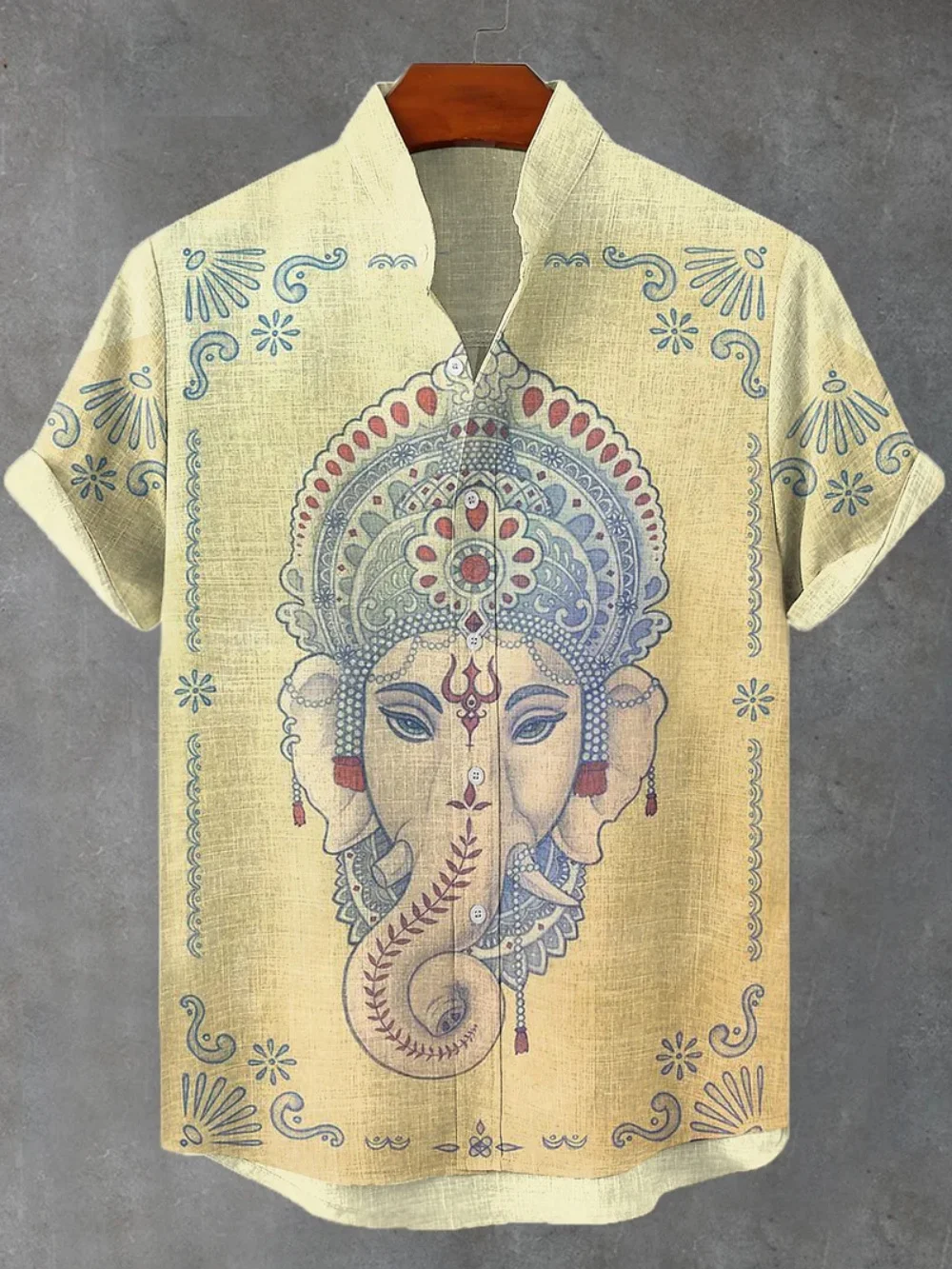 

Men's plus Size Linen Short Sleeve Shirt Elephant Head God Print Hawaii Casual Vacation Social Party Wear