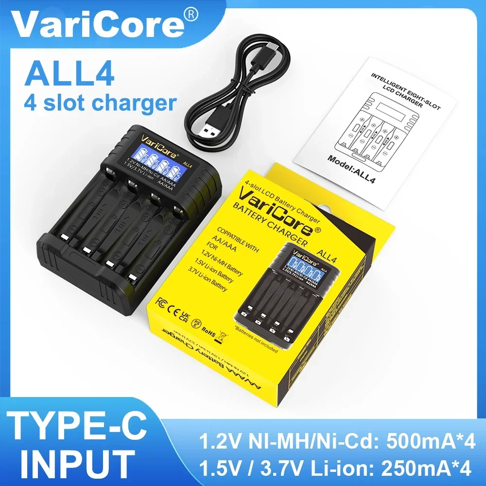 VariCore ALL4 Caricabatteria intelligente LCD per batteria al litio AA AAA 1.2v Ni-MH ni-cd 1.5v 3.7v 14500 Celle di ricarica 4 slot