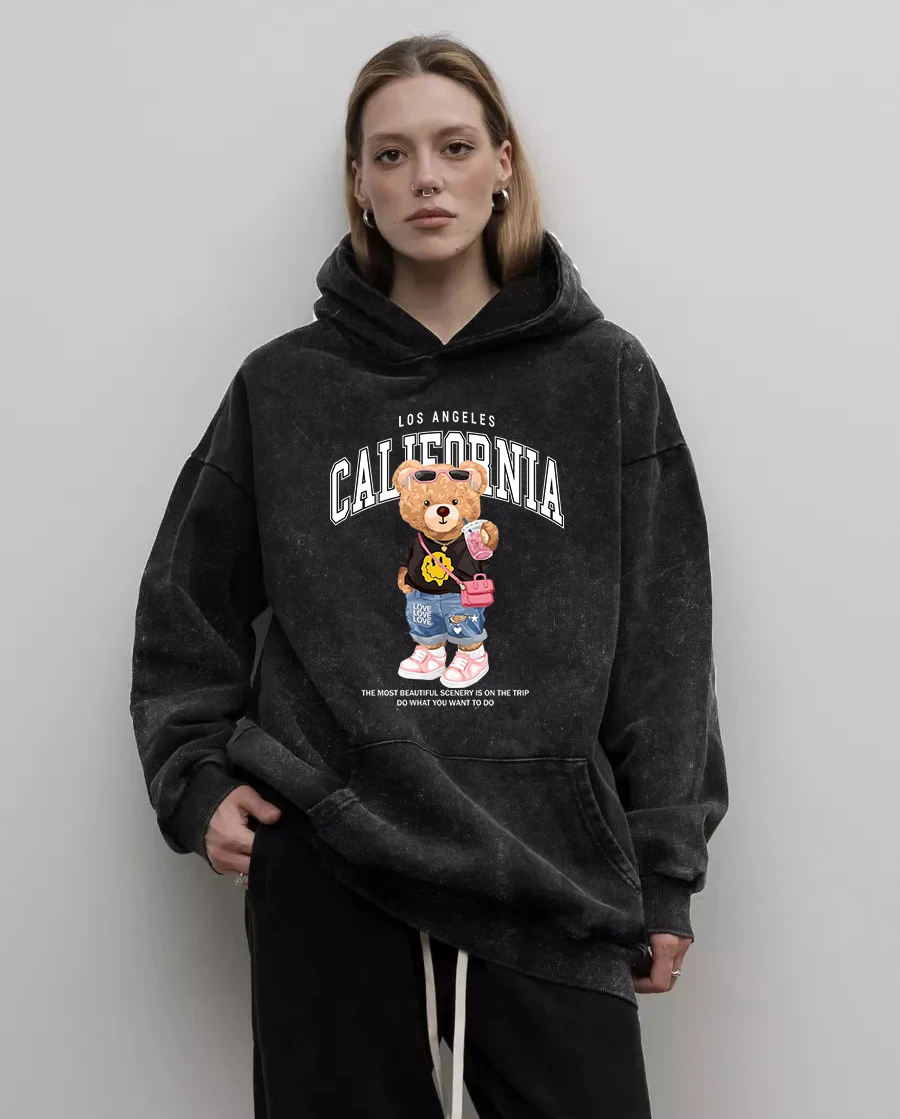 

Fashion Cartoon Bear Printed Women Washed Hoodies Cotton Distressed Hoody All-Match Oversized Hoodie Y2K Hip Hop Sportswear