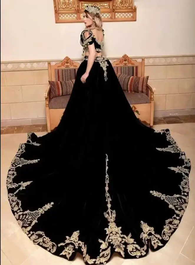 Black Traditional Algerian Prom Dresses With Gold Lace Two Pieces Plus Size Formal Bridal Evening Kaftan Caftan Dubai Abaya