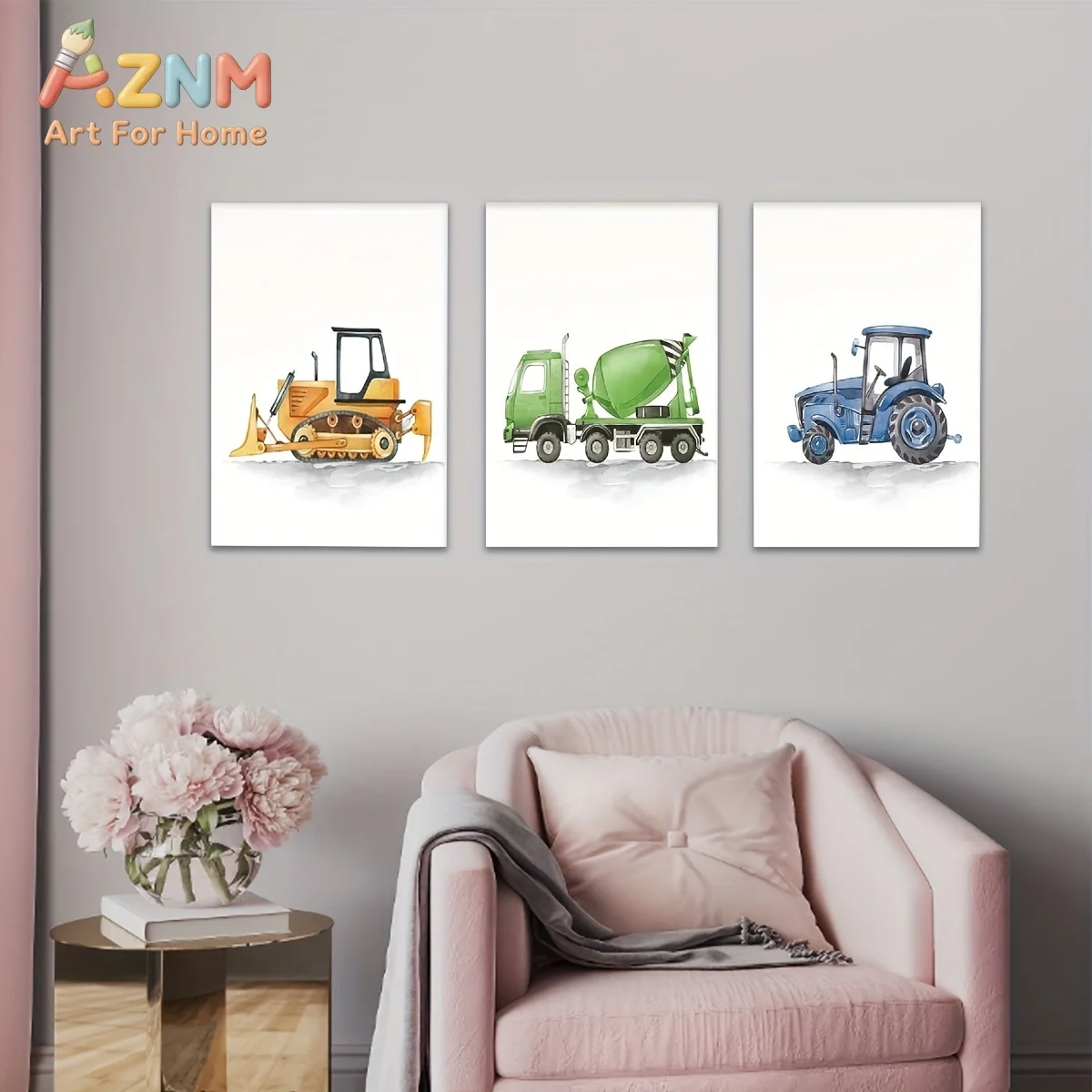 AZNM Watercolor Construction Vehicle Canvas Wall Art Bulldozer Mixer Truck Tractor Frameless Canvas Painting Nursery Kids Room H