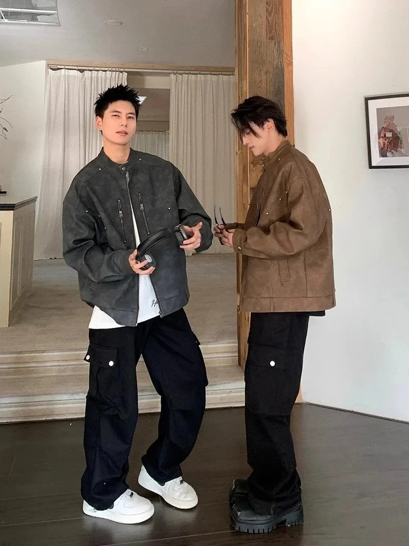 

Американское окрашенное кожаное мужское мотоциклетное пальто Jaet с воротником-стойкой, винтажное крутое ветрозащитное пальто на молнии с застежкой-молнией