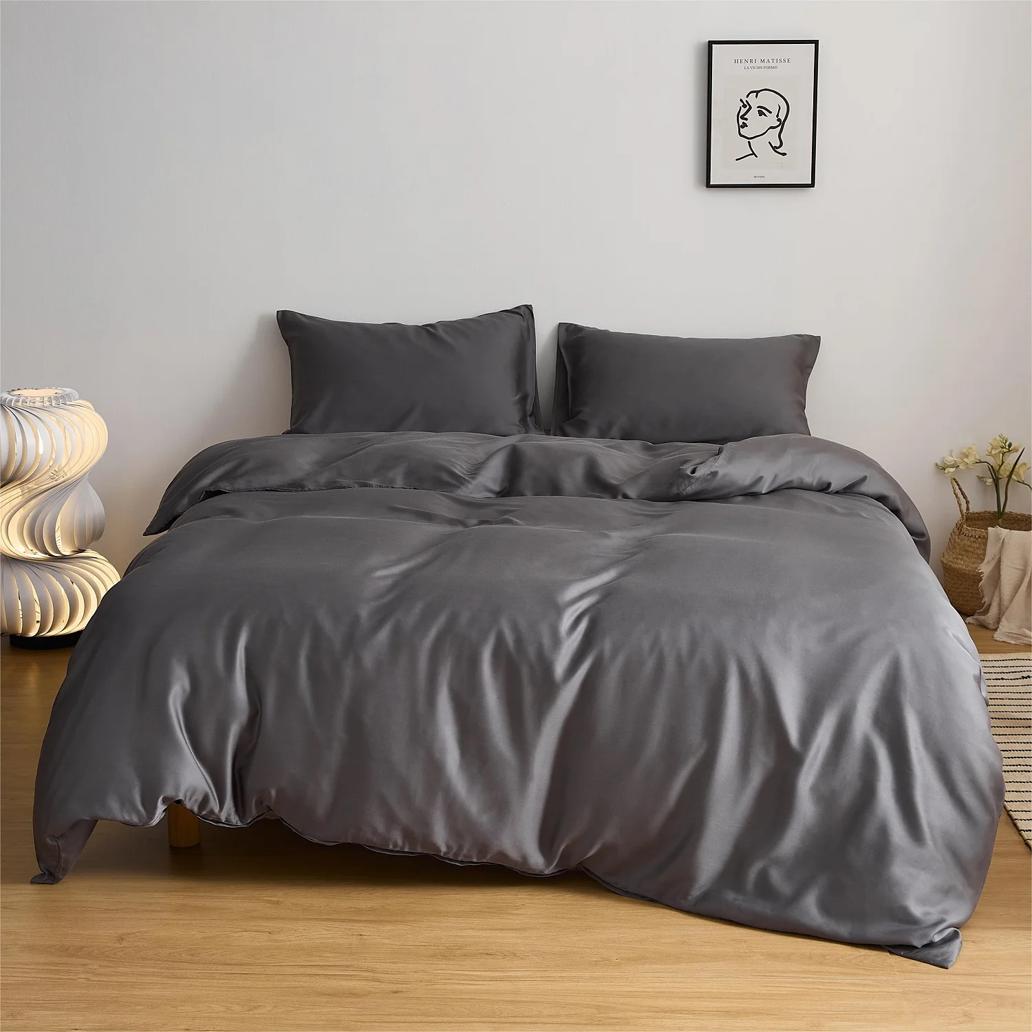 

Tencel Bedding Set with Duvet Cover Bed Sheet Pillowcase Luxury Satin Bedsheet Solid Color King Queen Full Twin Size