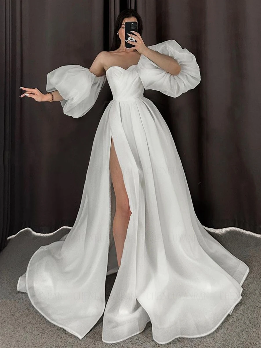 

Ivory Sweetheart Wedding Dresses A-Line Side Split Sexy Bride Dress Puff Sleeves Lace Up Dresses For Women 2023 Robe De Mariee