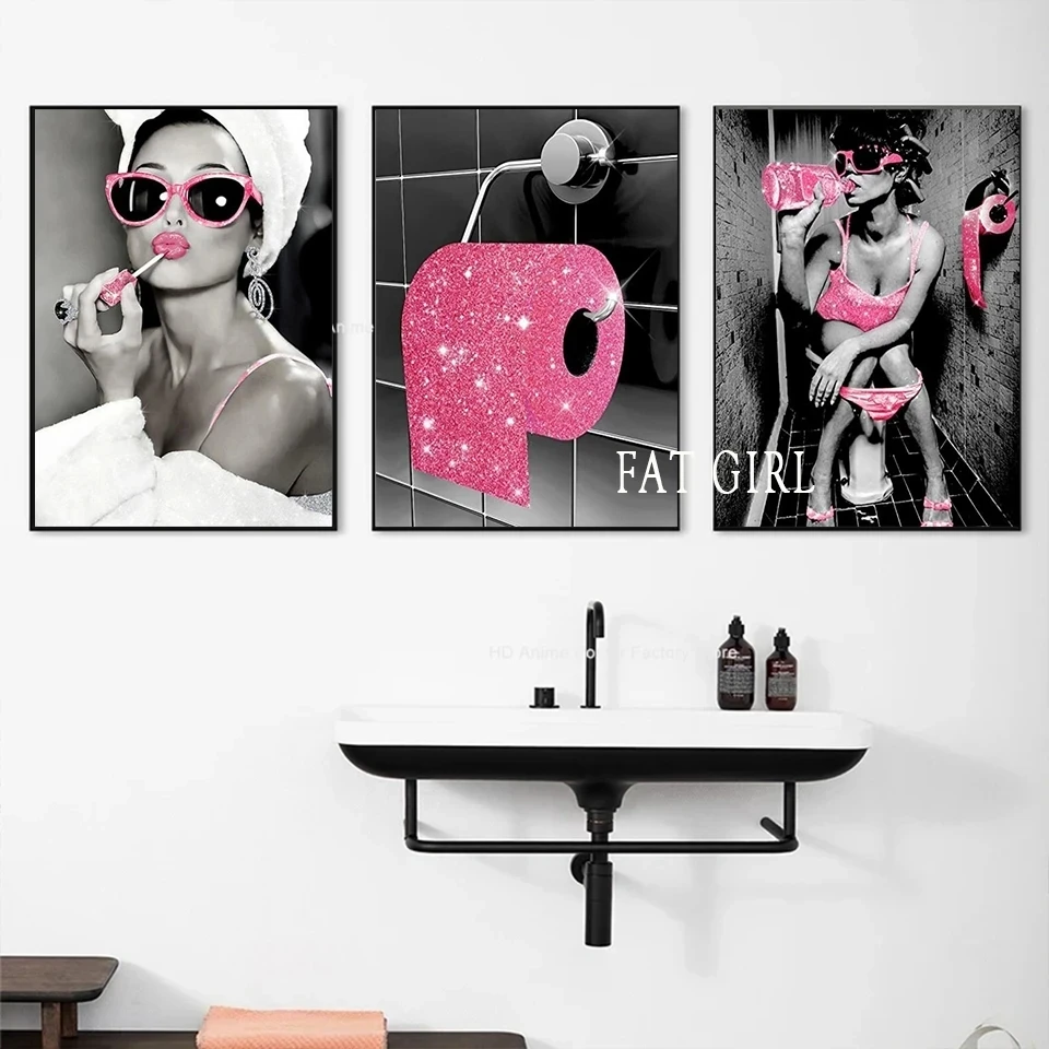 Fashion Sexy Woman Poster Print Girl Drinking Bar Canvas Painting Bling Toilet Roll Paper Picture Modern Wall Art Bathroom Decor