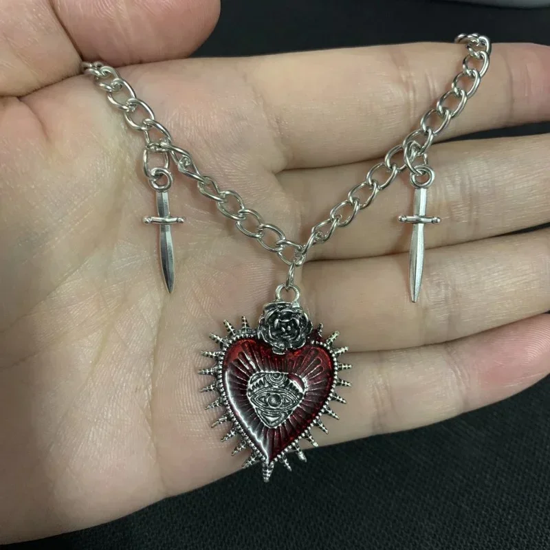 Goth Gothic Peach Heart Flower Sword Eye Cross Pendant Choker Chain Necklace For Man Women New Fashion Jewelry Vintage Punk view 3