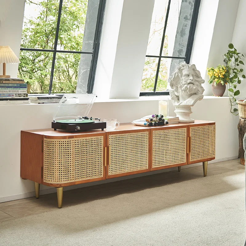Wabi Sand Wind Minimalist Audio-visual Cabinet Home Living Room Solid Wood Rattan TV Cabinet Hotel B & B Swing Door Storage Cabi