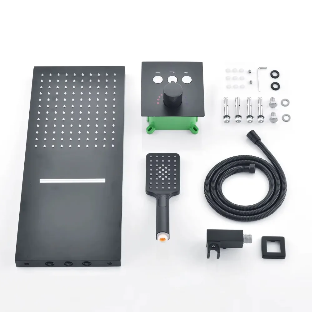 Torneira de Chuveiro Moderna de 22 Polegadas com 3 Funções, Sistema de Chuveiro Termostático Preto com Ducha Manual