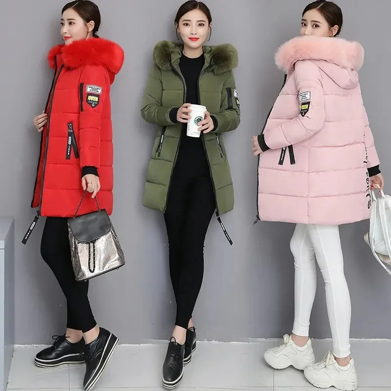 Fashion Fur Collar Hooded Down Cotton Coat Womens Winter Parkas Jacket Long Warm Padded Puffer Parkas Snow Wear Outwear Female