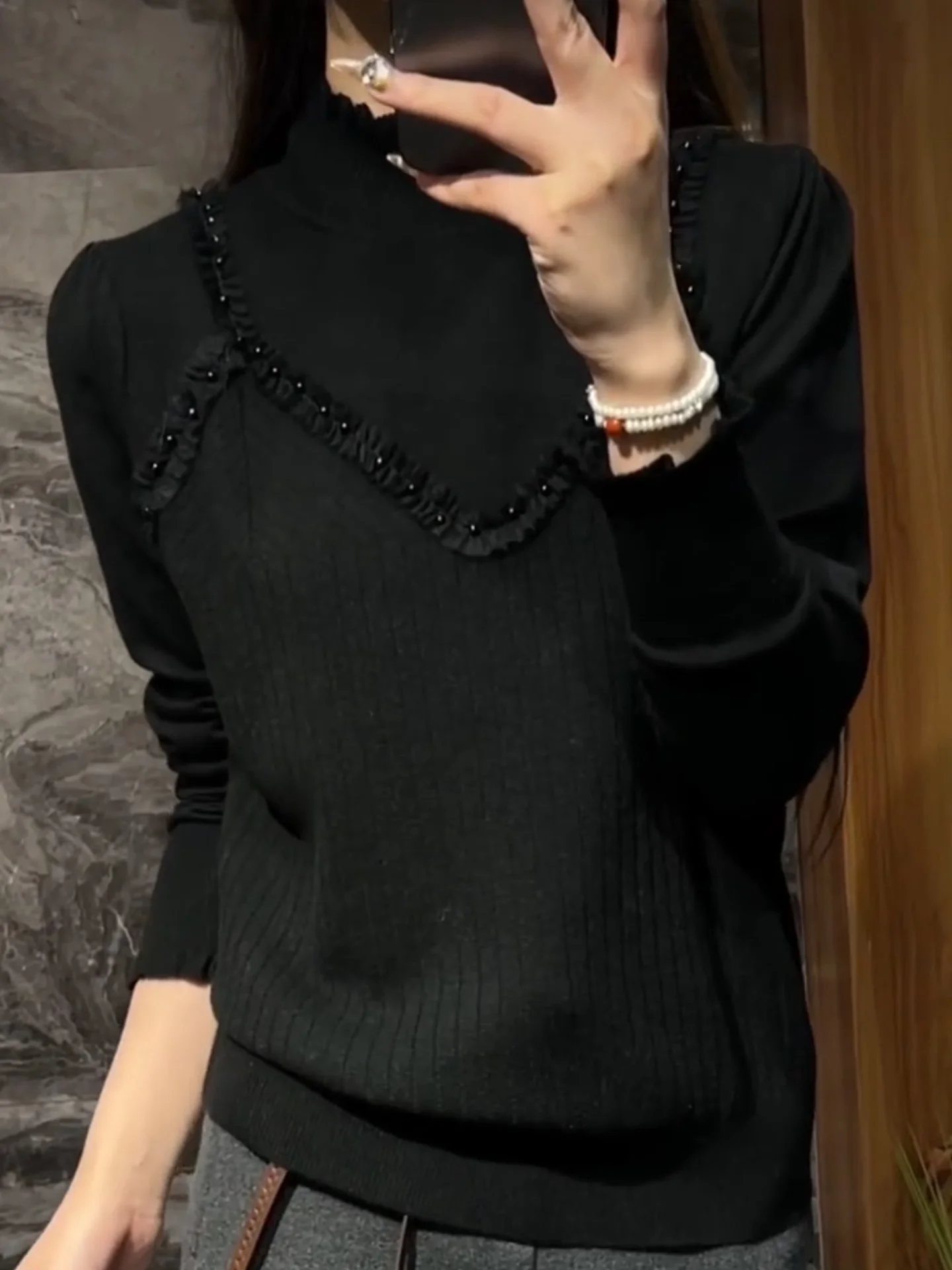 

Женский облегающий вязаный свитер с высоким воротником, модный черный шерстяной свитер-двойка с дизайнерским акцентом