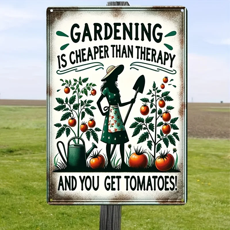 

"Gardening Is Cheaper Than Therapy And You Get Tomatoes" Gardening Enthusiast Sign, Metal Art Poster, Funny Wall, Humorous Decor