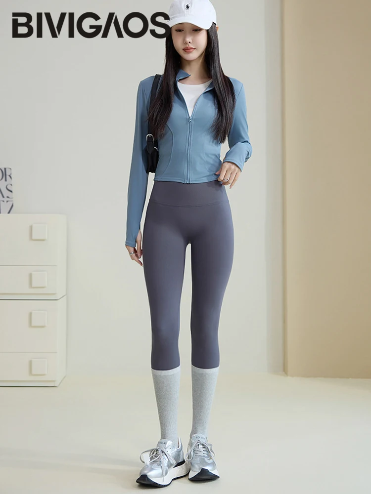 BIVIGAOS Primavera Nuovo Doppio V 3D Curva Leggings di pelle di squalo Donna Vita alta Stretto Sottile Sport Fitness Push Up Leggings Pantaloni da yoga