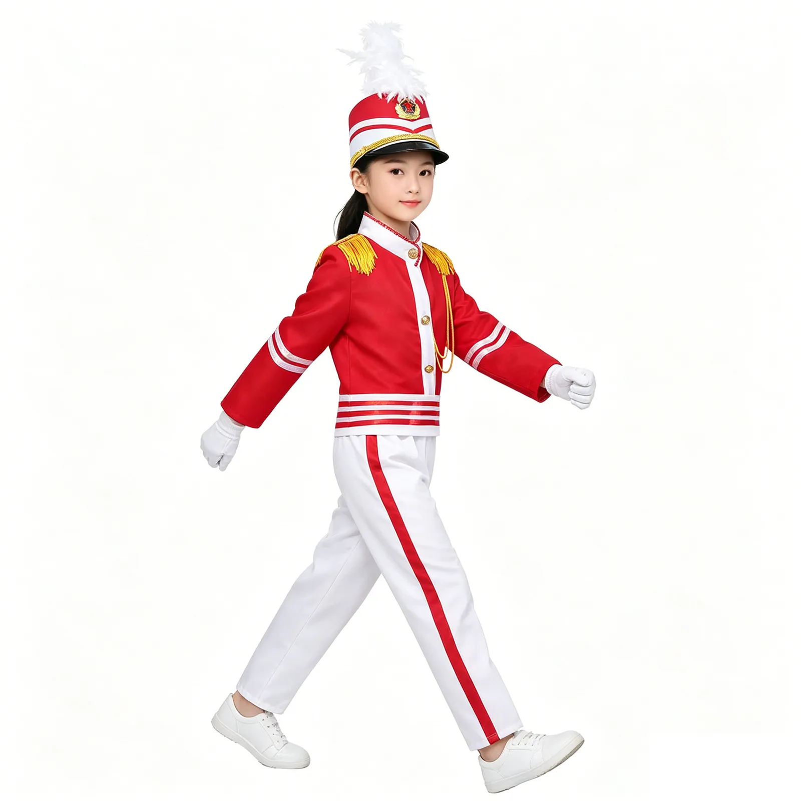

Kids Boys Girls Honor Guard Uniform Marching Band Drum Team Costume Tops with Pants Pleated Skirt Feathers Trim Hat Gloves