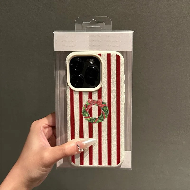 Red Striped Christmas Wreath Pattern Lychee Texture Phone Case For iPhone 11 12 13 14 15 16 X XS 17 Pro Max Plus  16E Soft Cover
