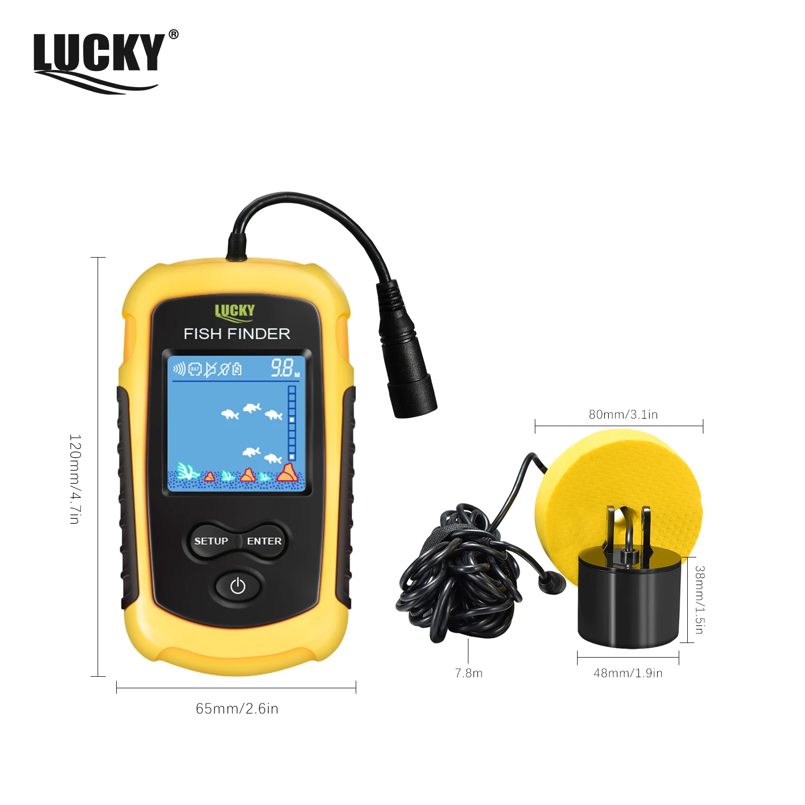 Localizadores de peixes portáteis com cobertura Sonar, eco Sonder, transdutor de alarme, lago e pesca marítima, FFC1108-1, 45 graus, 100m