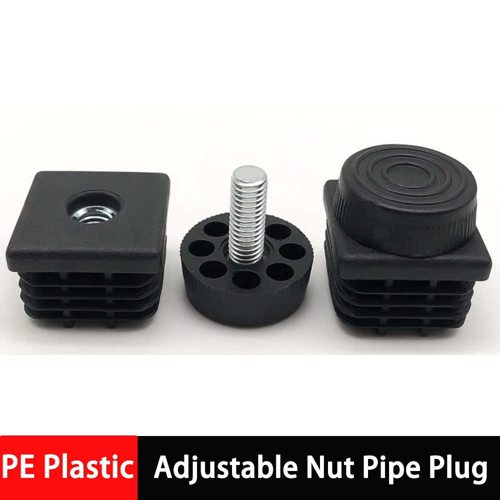 2-12Pcs M6-M12 15x30-60x60mm Black Square/Ellipse Plastic Pipe Plugs Adjustable Screw Foot Pad Furniture Leg Cover End Caps