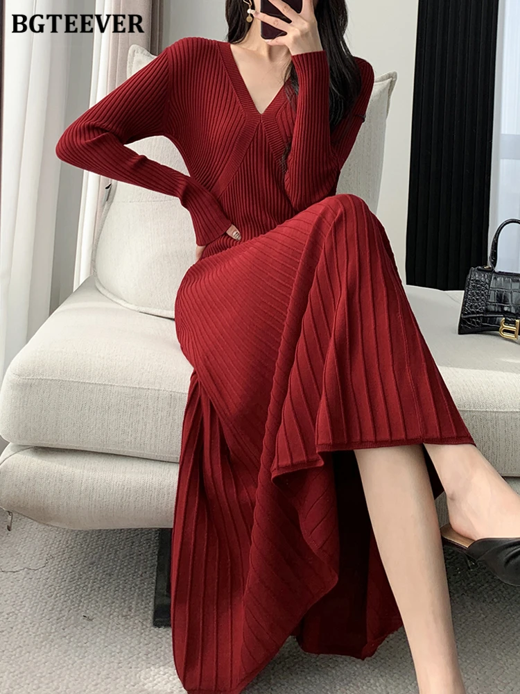 BGTEEVER Stylish V-neck Knitted A-line Dress Women Autumn Winter Full Sleeve Slim Waist Elegant Female Solid Sweater Dress