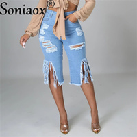 2022 Summer Bermuda Shorts Women Ripped Cotton Knee Length High Waist Casual Denim Shorts Ladies Blue Sexy Straight Jean Shorts