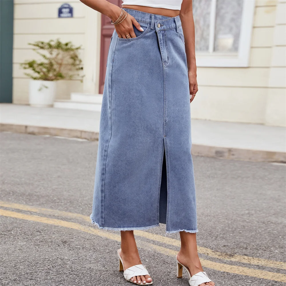 

Benuynffy Vintage Split Front Raw Hem Denim Long Skirts Women Streetwear Casual Asymmetrical Waist Female Straight Jean Skirt