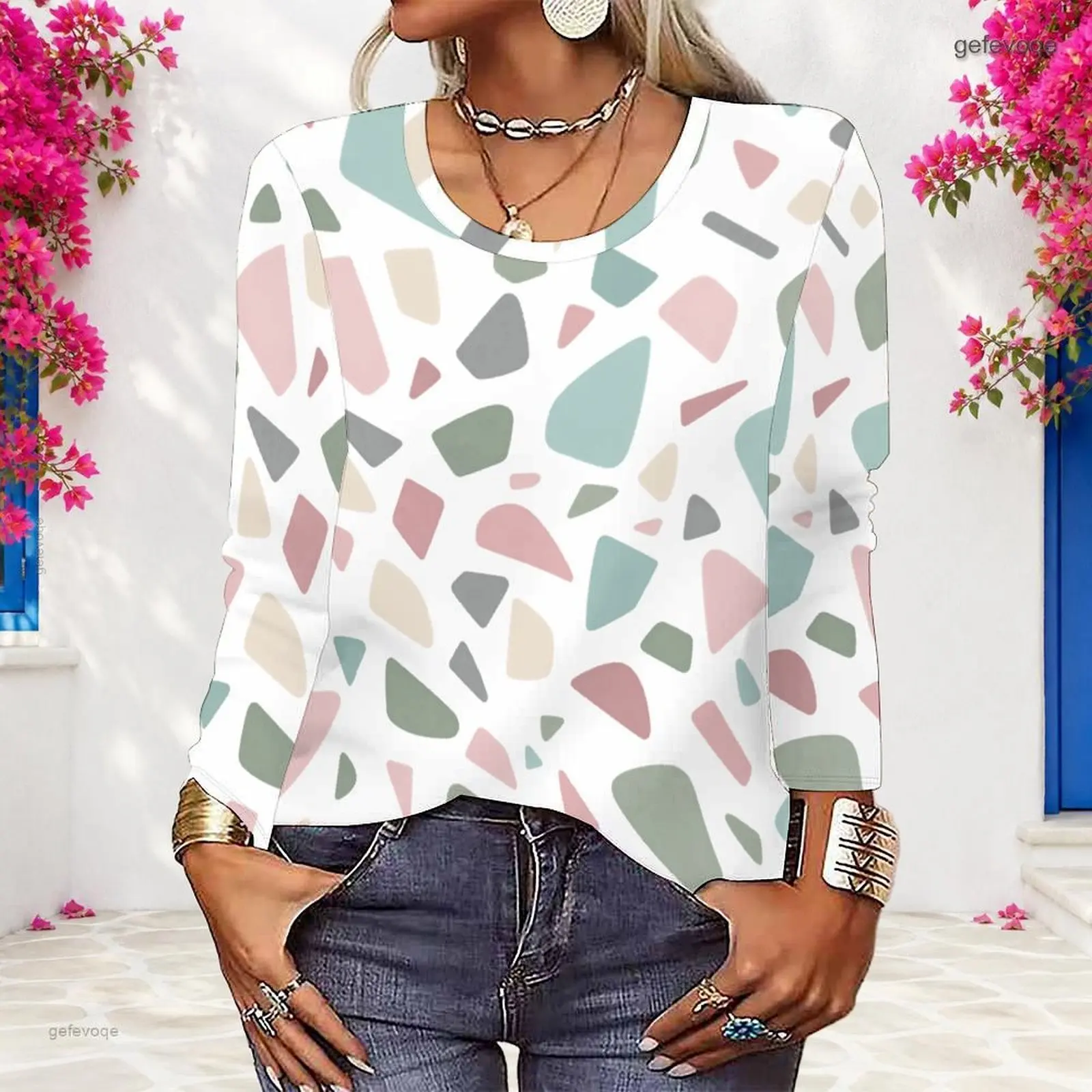 Women Round Neck Long Sleeve Blue Green Pebble Dot Printed Pullover Sweatshirt Top