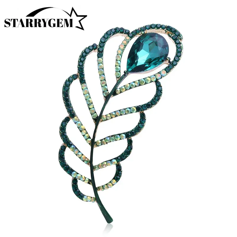 Rhinestone Feather Pin for Women Unisex Hollow Peacock Feathers Brooches Office Party Friend Gifts Jewelry Accessories