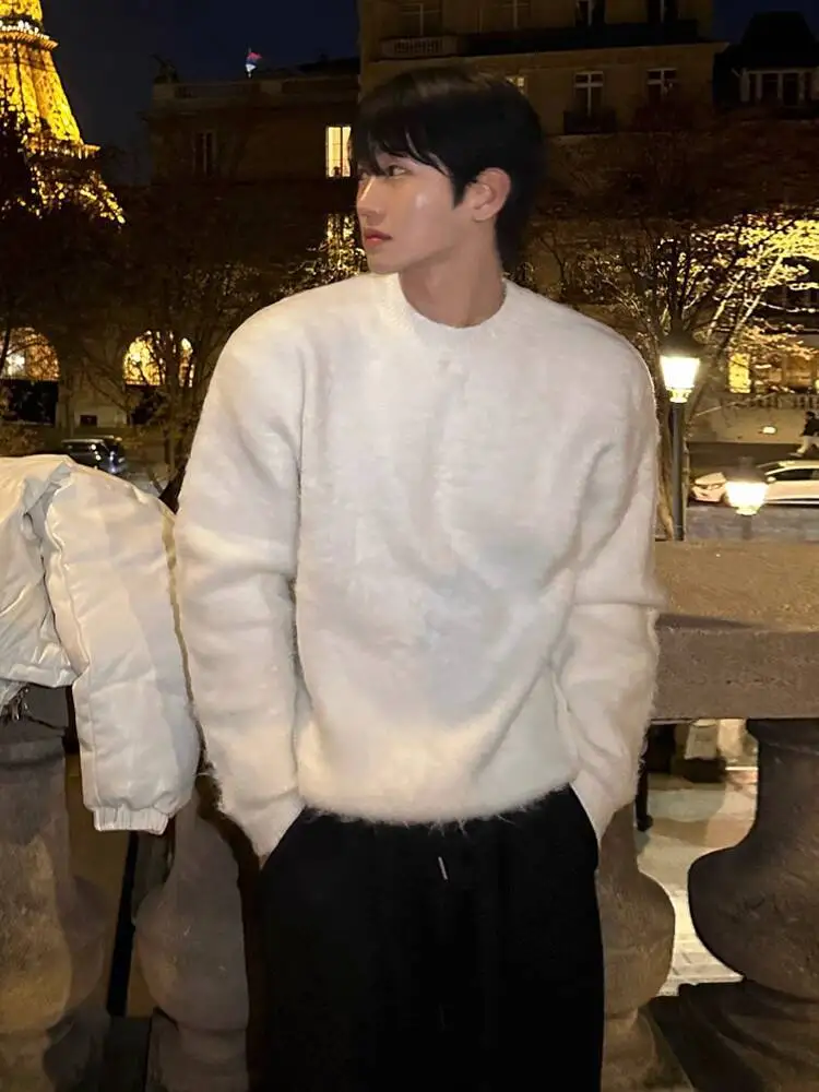SYUHGFA nouveaux hommes Mohair chandails col rond couleur unie décontracté tricoté vêtements amples coréen pull mâle hauts 2025 hiver