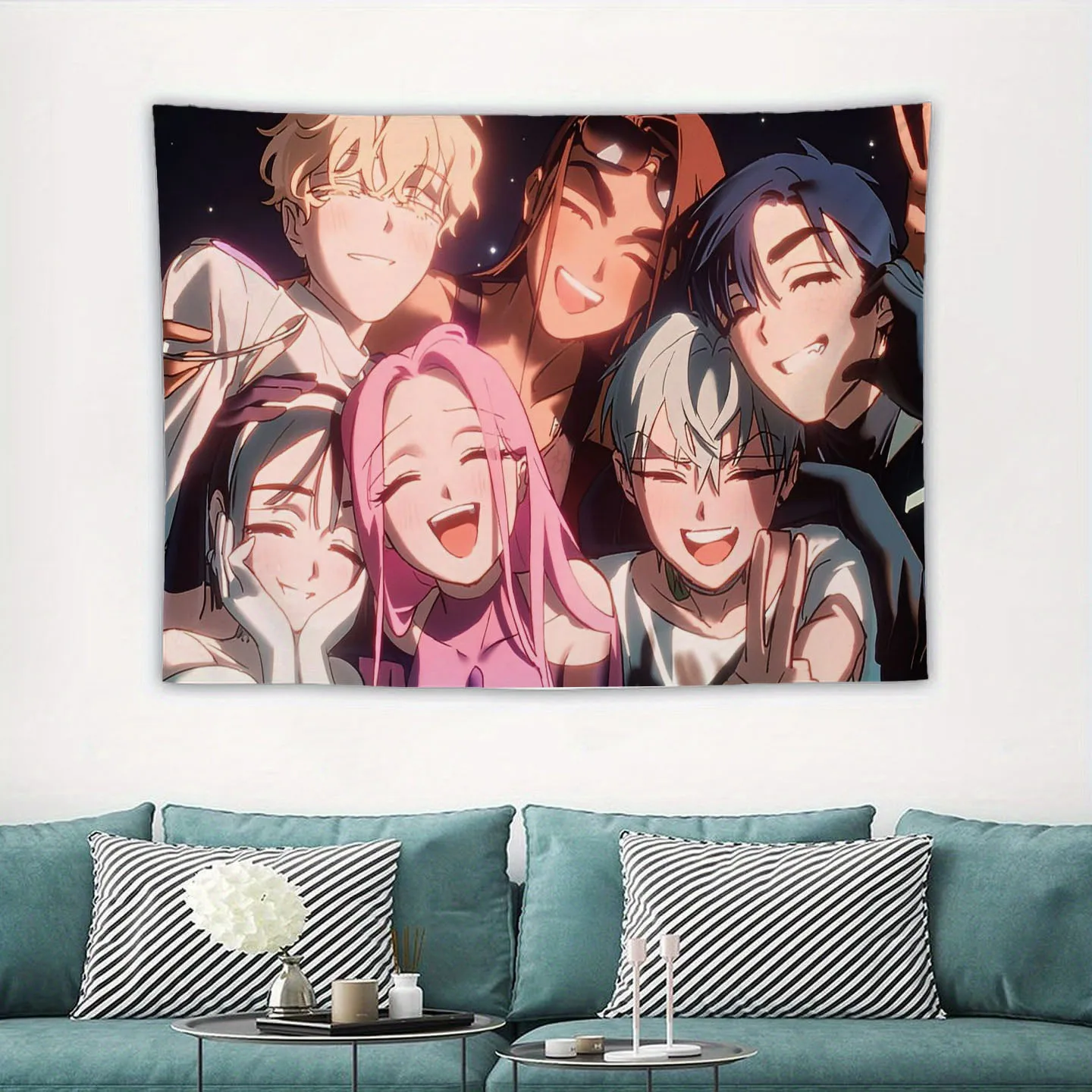 Original Group Anime Friends Selfie Wall Tapestry, Multi Character Happy Smiling Cartoon Crew Night Star Background Wall Hanging