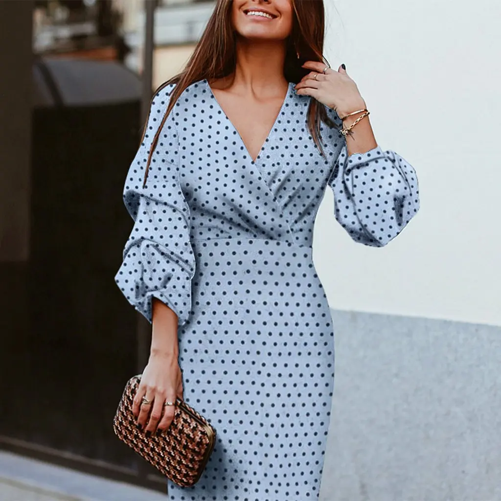 

2025 New Fashion Printed Puff Sleeve Hip Dress Women Summer Sexy Elegant Polka Dot V Neck Long Sleeve Dresses for Women