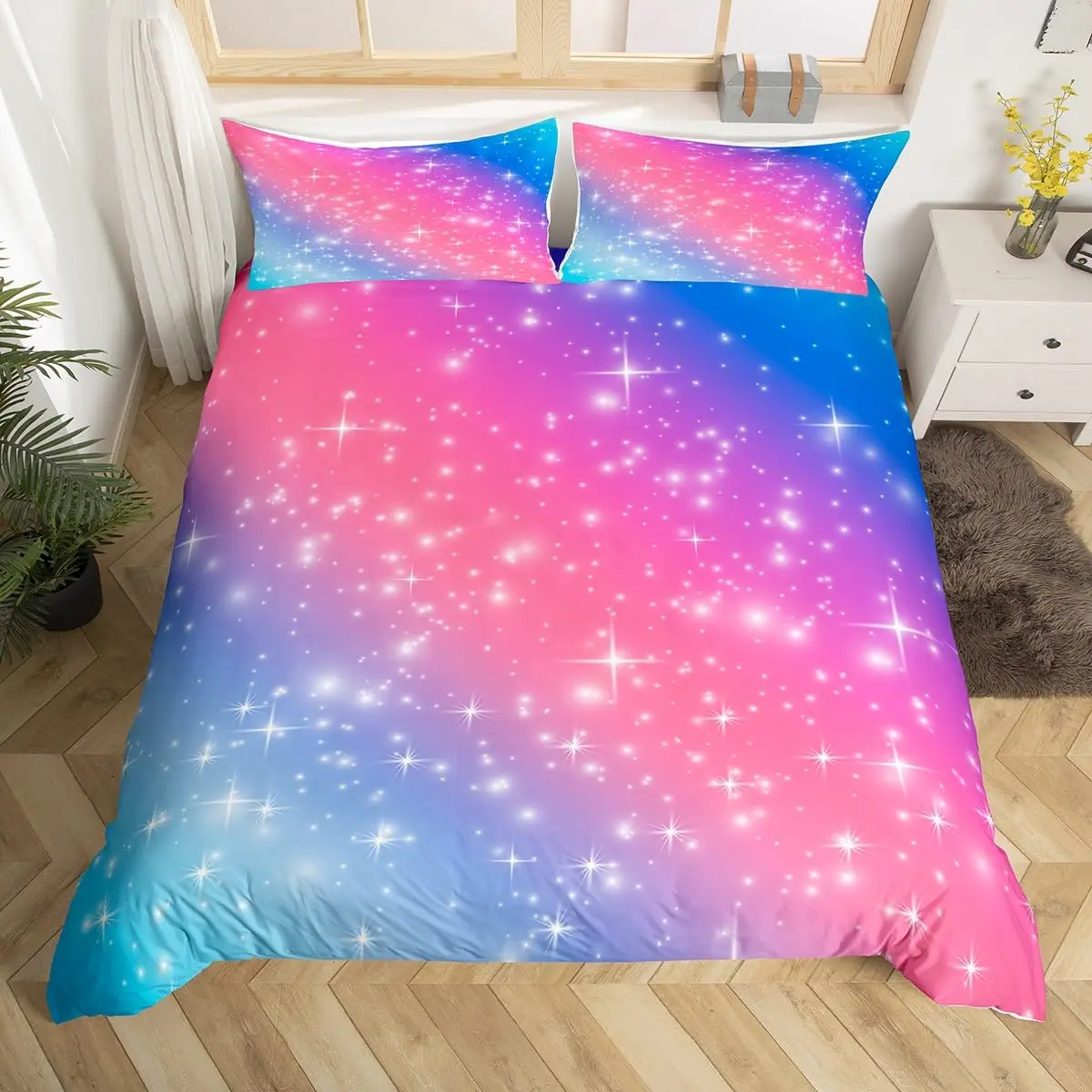 Starry Sky Galaxy Duvet Cover Outer Space Trippy Bedding Set Blue Pink Purple Gradient Comforter Cover,Watercolor Quilt Cover