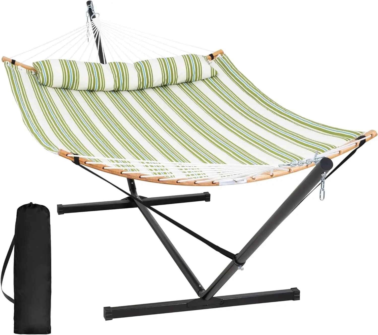 

Stand Alone Portable Hammock with Stand Included, Double Hammock with Curved Spreader Bar, Light Green Stripes