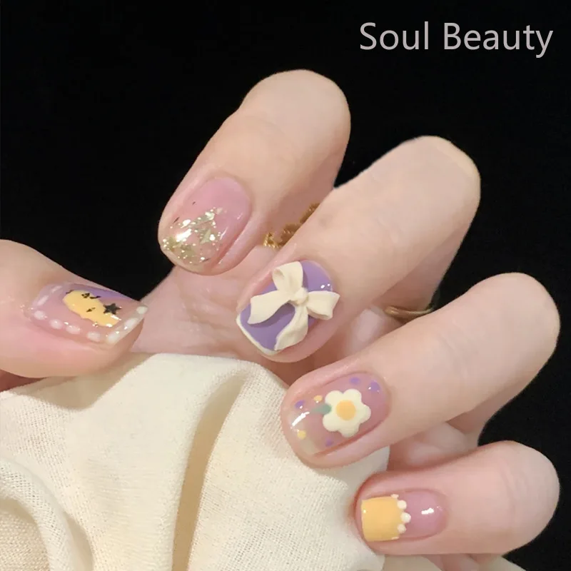 

24pcs Short Cute Flower Fake Nails Tips 3D Exquisite Bow Design False Nails Art Full Coverage Removable Artificial Press on Nail