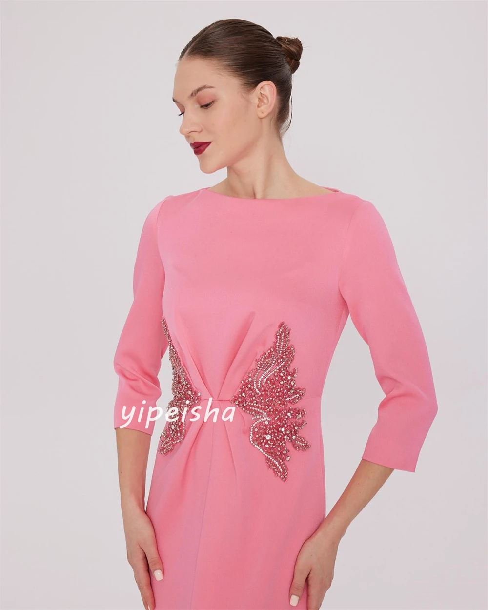Jersey personalizado con lentejuelas y cuentas, vestido de noche fruncido con cuello alto, vestidos largos para ocasiones a medida
