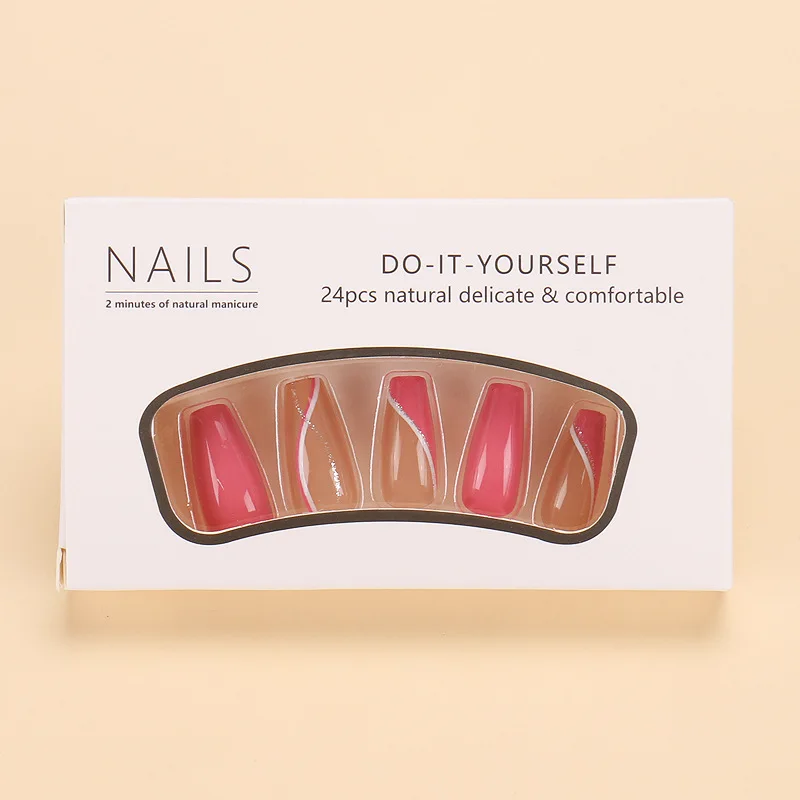 24pcs Rose Red Silver Powder Stripes Almond French Style Press on Nails Pink 3D Fake Nails Full Cover Wearable False Nails