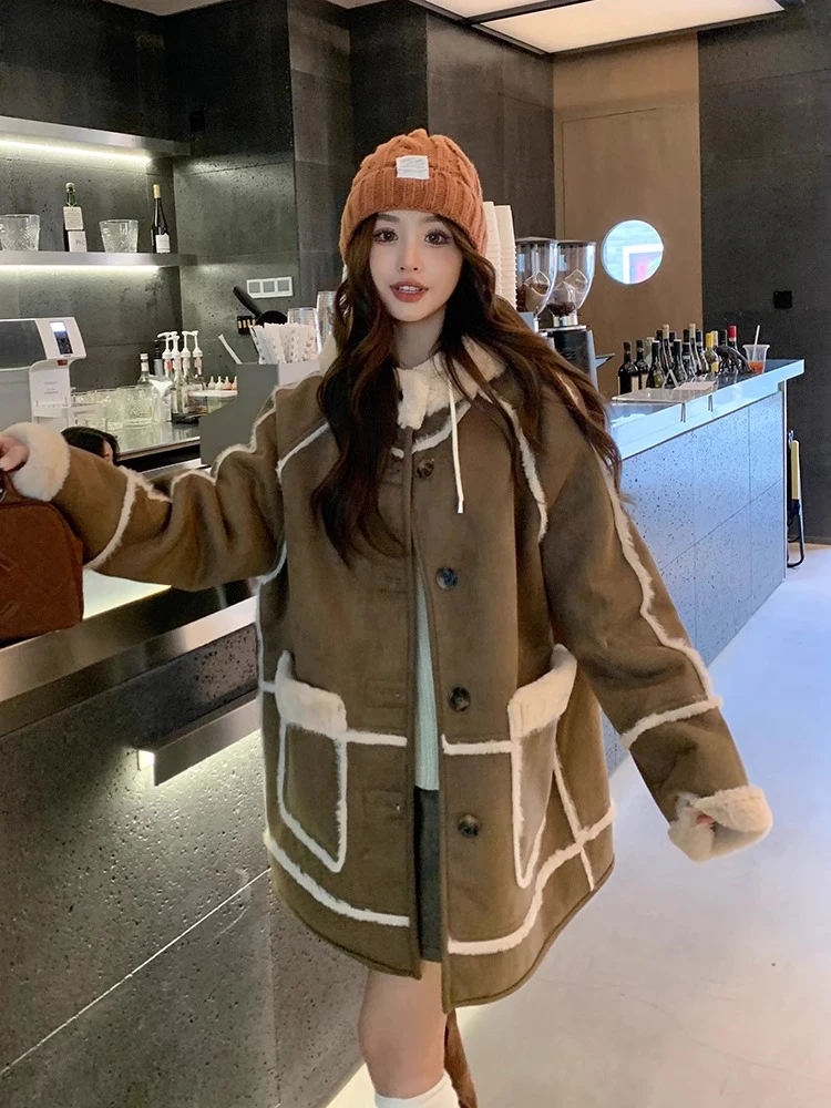   เสื้อโค้ทขนแกะสำหรับผู้หญิง ฤดูหนาว ผ้าฝ้ายเสริมความอบอุ่น ปกขนสัตว์ ติดกระดุม ความยาวปานกลาง สไตล์เกาหลี