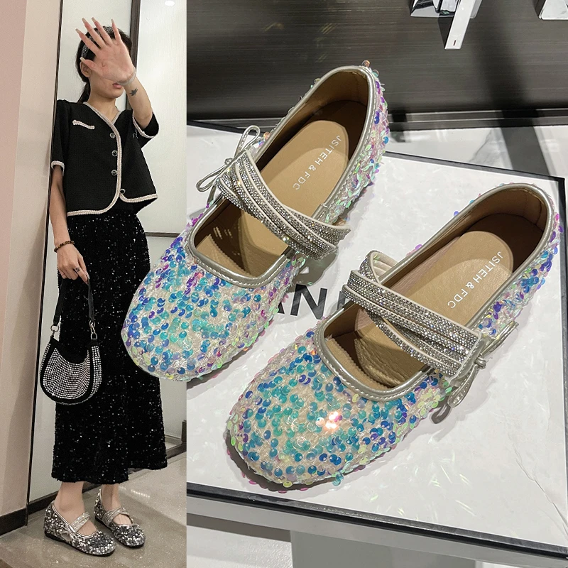 Женские туфли на одной платформе с блестками, новинка 35–40, туфли Мэри Джейн с круглой головкой и неглубоким носком, темпераментные туфли Мэри Джейн с юбкой Fairy Flash Diamond