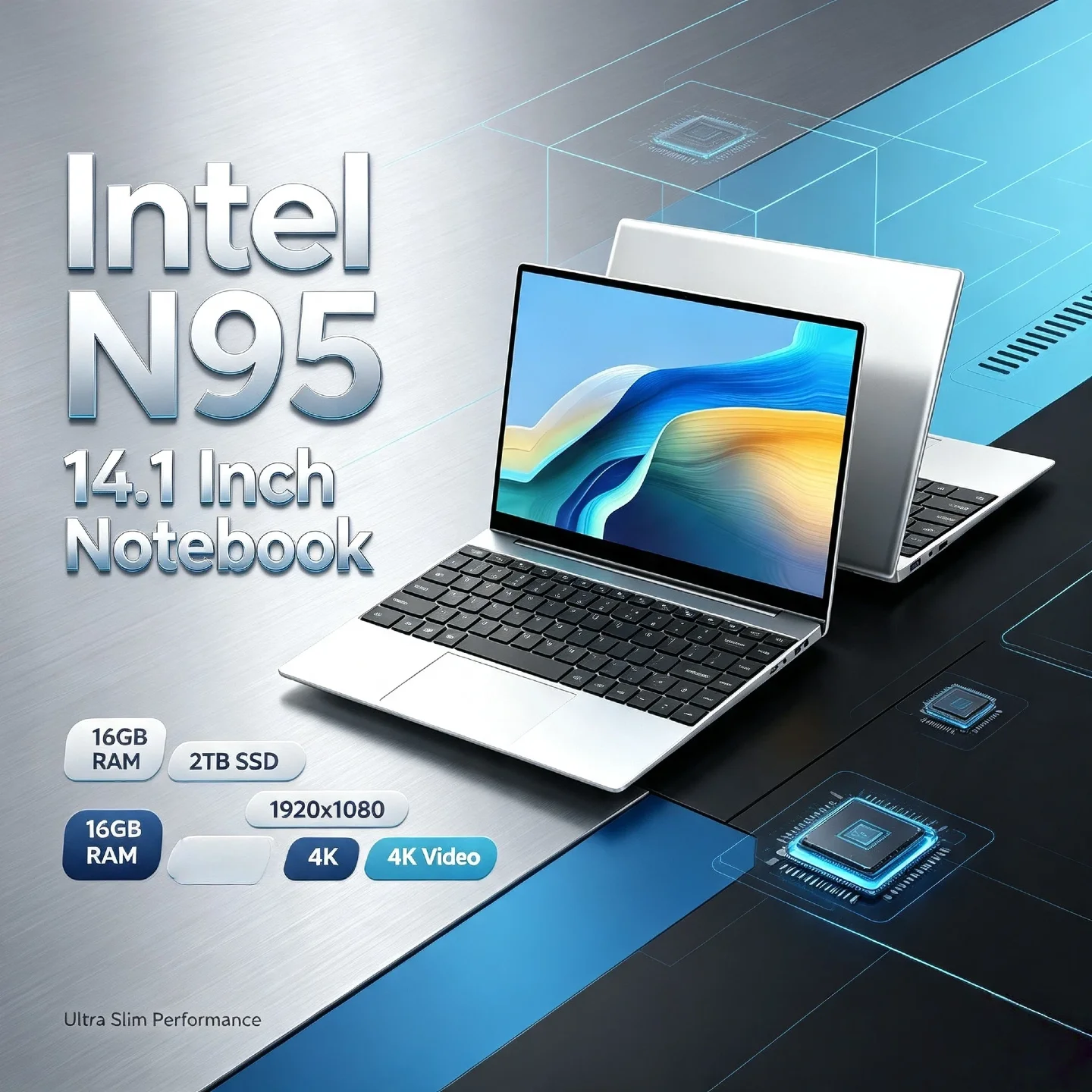 N95 Intel 14.1 Inch Laptop 4C4T 3.4GHz 15W 6MB Cache 32GB RAM 1TB 2TB SSD 1920x1080 Portable Notebook Office Study PC Pro