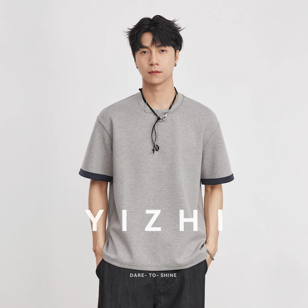 

2026 Summer Men's 260g Heavyweight Loose Drop Shoulder T-Shirt Contrast Color Crew Neck Casual Versatile Base Tops