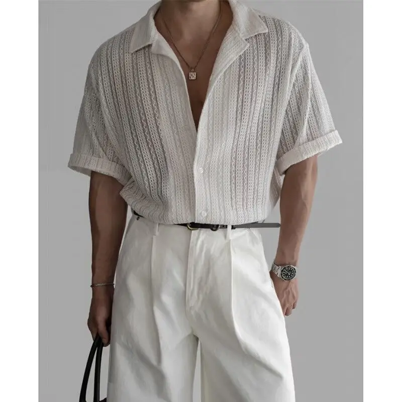 Summer Short Sleeved Shirt Men Oversized Black White Casual Shirt Men Streetwear Korean Loose Hollow Shirt Mens Hawaiian Shirts