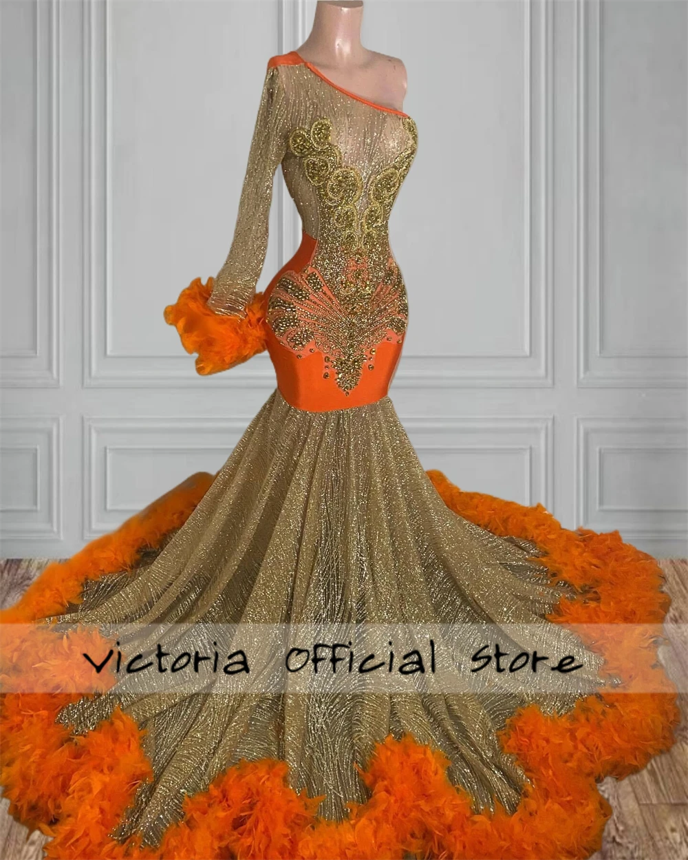 Glitter Golden One Shoulder Long Sleeve Prom Dresses Beaded Rhinestones With Orange Feathers Train Luxury Dress 2024 Customized