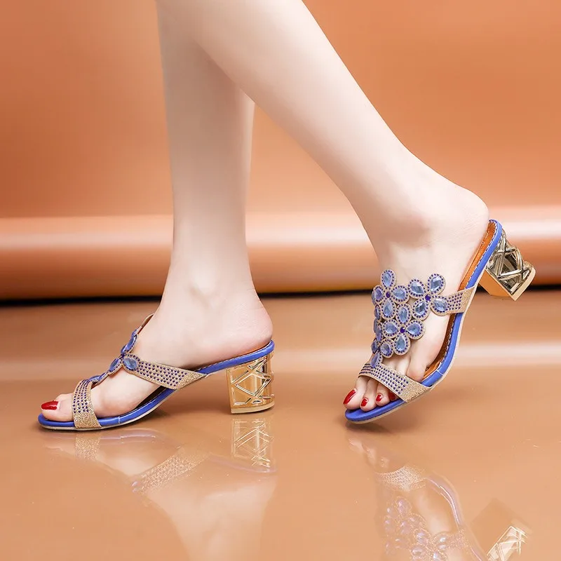 2023 New Hot Glitter Mesh Women Sandals Summer Fashion Outdoor Peep Toe Casual Beach Slippers Thick Heel Slip on Women Sandals