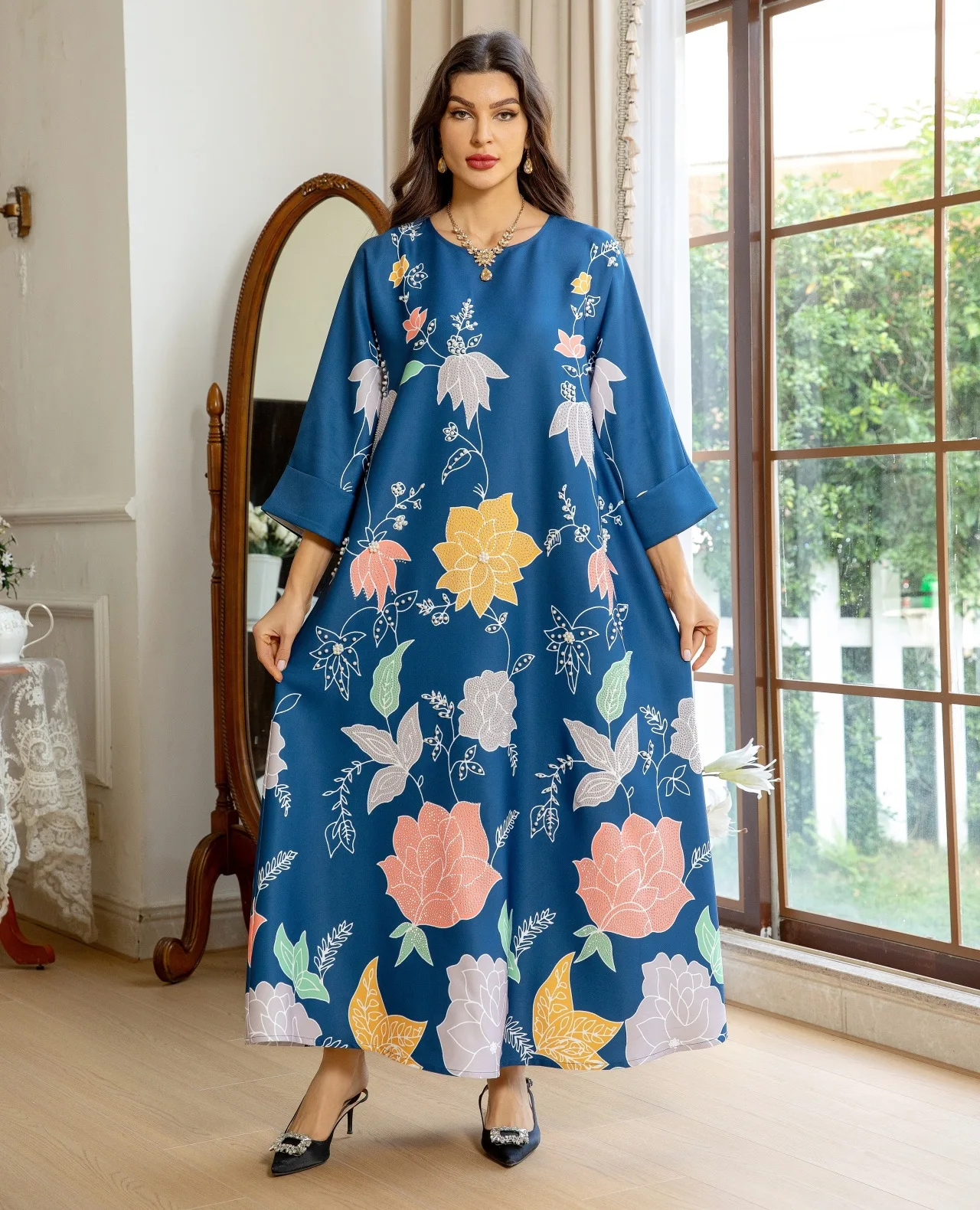 

Women Fashion Printed Diamond Muslim Eid Al-Adha Middle East Robe Eid Djellaba Ramadan Abaya Turkey Kaftan Islam Jalabiya Caftan