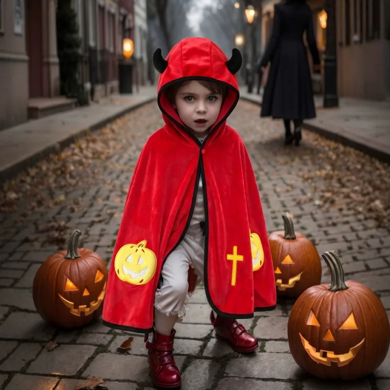 Cute Newborn Infant Baby Boys Girls Halloween Devil Cape  Red Hooded Cloak With Pumpkin Cross Costume Party Winter Warm 0 24Ms